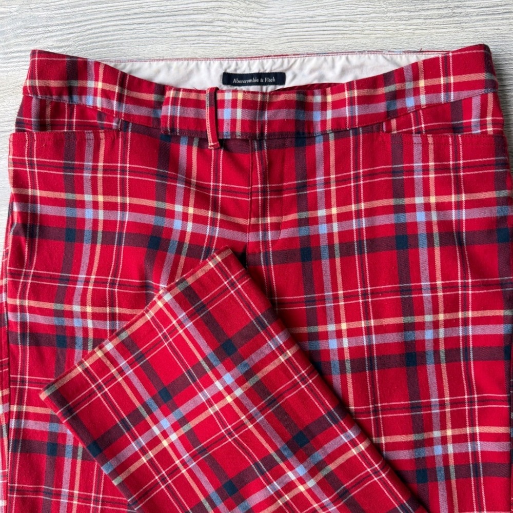 Abercrombie & Fitch Red Plaid Trousers Red Tartan Stretch Pants Size 12 Preppy